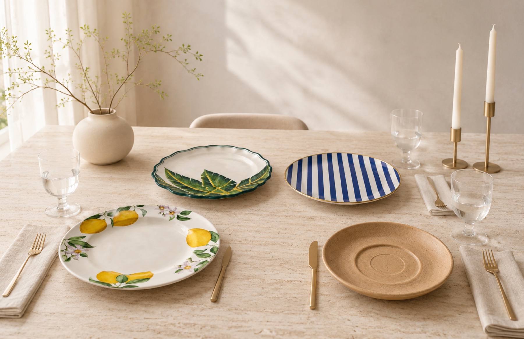 Mesa posta completa com as peças da curadoria